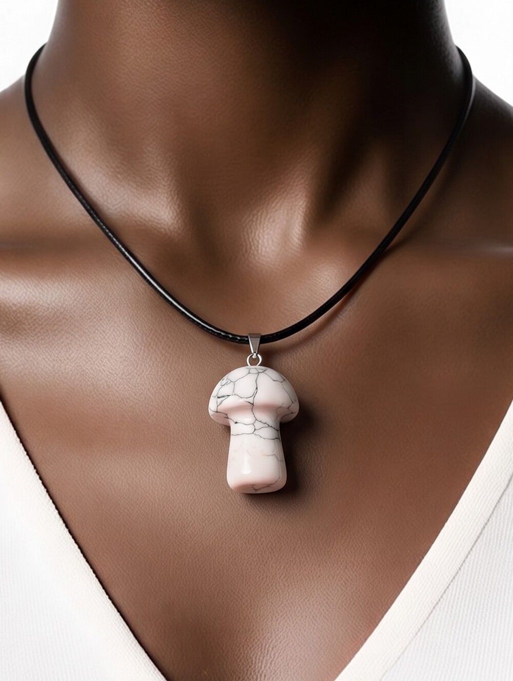 White Howlite Mushroom Necklace Natural Stone Toadstool Pendant Cottagecore Boho